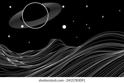 Abstract background with wavy lines and circles. Black and white illustration. Space landscape with stars and planet with rings.