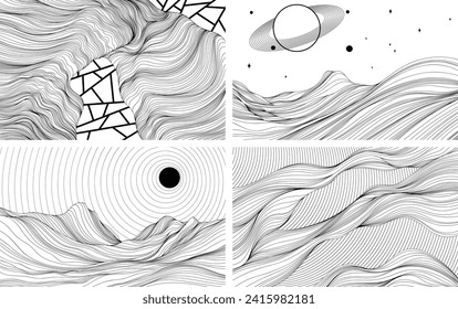 Abstract background with wavy lines and circles set. Black and white illustration of mountains collection. Landscape with sun rays.