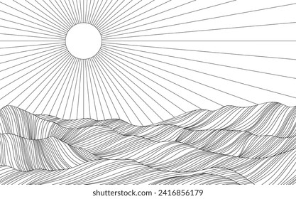 Abstract background with wavy lines and circles. Black and white illustration of mountains. Landscape with sun rays.