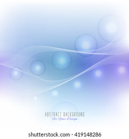 Abstract background with wavy lines and glowing spheres. Vector illustration. White and light blue colors