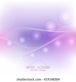 Abstract background with wavy lines and glowing spheres. Vector illustration. White and purple colors