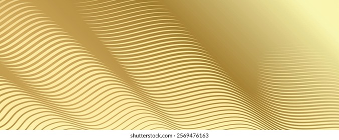 Abstract background with wavy lines on a golden background. The texture is smooth with a golden, metallic sheen. Modern wavy line pattern background. Gold background vector.