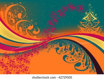 abstract  background with wavy lines, ornament and fir tree
