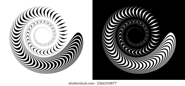 Fondo abstracto con líneas onduladas en espiral. Espiral de diseño artístico como logotipo o icono. Una figura negra en un fondo blanco y una figura igualmente blanca en el lado negro.