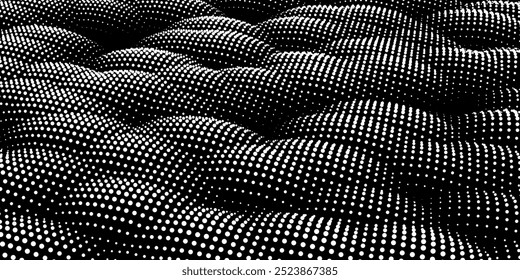 Abstract  background  wavy plane from dots on black. Doted concept with texturing effect. Banner for business, science and technology data analytics. 