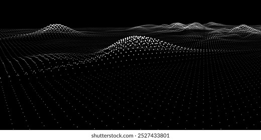 Abstract  background  wavy plane from dots on black. Technology concept analytical  data. Big Data.  Banner for business, science and technology data analytics.