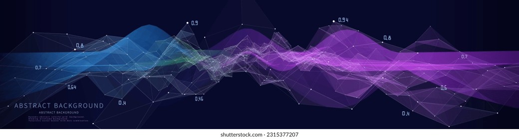 Rejilla de poli ondulada de fondo abstracto en puntos netos y líneas en la oscuridad. Plexo de datos de concepto de wireframe tecnológico en espacio virtual. Cartel para análisis de datos de negocios, ciencia y tecnología. Big Data.