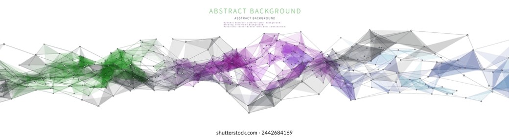 Fondo abstracto de la rejilla ondulada del poliéster en la red de los círculos y las líneas en blanco. Concepto de estructura alámbrica de tecnología big data en el espacio virtual. Banner para análisis de datos de negocios, ciencia y tecnología. 