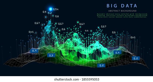 Abstract background with wavy polygonal wireframe data. Big data. Quantum cryptography concept. Analytics algorithms data. Banner for bussines, science and techology. 