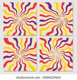 Abstract Background of Wavy Radial Stripes. Effect of Distorted Spreading Rays of Sunburst. Retro wall decoration, groovy, trippy, geometric shape. Vintage hippie wall art for interior, decorative, ba
