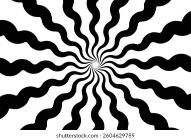 Abstract Background of Wavy Radial Stripes. Effect of Distorted Spreading Rays of Sunburst. Retro wall decoration, groovy, trippy, geometric shape. Vintage hippie wall art for interior, decorativE