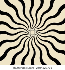 Abstract Background of Wavy Radial Stripes. Effect of Distorted Spreading Rays of Sunburst. Retro wall decoration, groovy, trippy, geometric shape. Vintage hippie wall art for interior, decorativE
