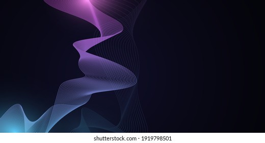 Abstract background of wavy shining lines for your design. Blue and purple glowing vibrating waves for technology or science cover. Random shining shapes. Vector illustration. EPS 10.
