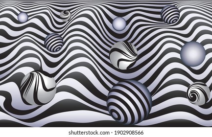 Abstract Background. Wavy striped surface with decorative spheres. Vector illustration