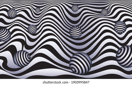 Abstract Background. Wavy striped surface with decorative spheres. Vector illustration