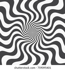 Abstract background of wavy stripes coming from the center. Effect of distorted radial rays of sunburst. Monochrome background template. Vector illustration