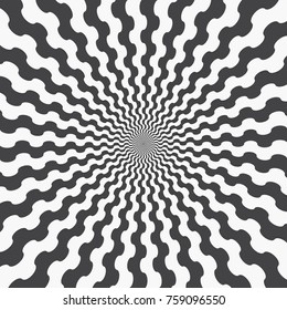 Abstract background of wavy stripes coming from the center. Effect of distorted radial rays of sunburst. Monochrome background template. Vector illustration