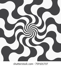 Abstract background of wavy stripes coming from the center. Effect of distorted radial rays of sunburst. Monochrome background template. Vector illustration