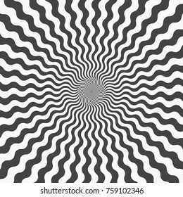 Abstract background of wavy stripes coming from the center. Effect of distorted radial rays of sunburst. Monochrome background template. Vector illustration