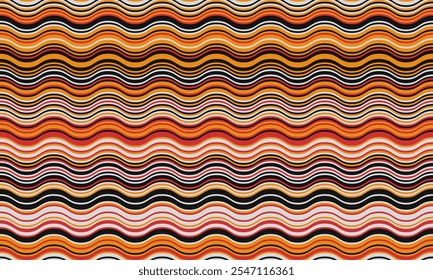 Abstract background with wavy stripes in vibrant colors, creating a rippled, liquid effect. Smooth curves and textured lines add elegance, vitality, and creativity. Ideal for wallpaper or textile.