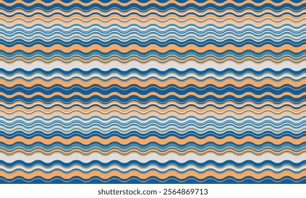 Abstract background with wavy stripes in vibrant colors, creating a rippled, liquid effect. Smooth curves and textured lines add elegance, vitality, and creativity. Ideal for wallpaper or textile.