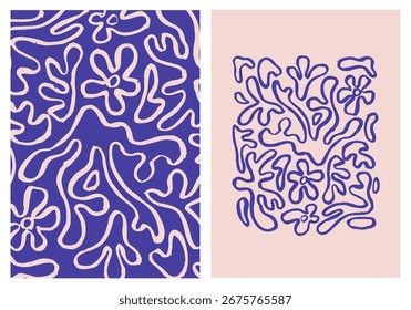 Fondo Abstractas con trazos de pincel ondulados. Textura de tinta dibujada a mano estilo de mediados de siglo. Pinceladas, líneas, patrón de squiggle. Formas orgánicas, color índigo