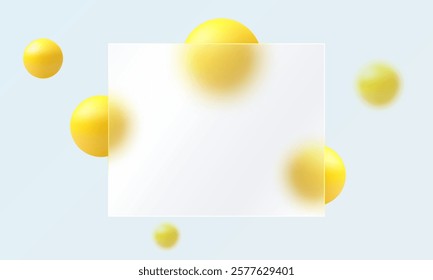 Abstract background. Website landing page template. Frosted glass partition with floating yellow spheres.