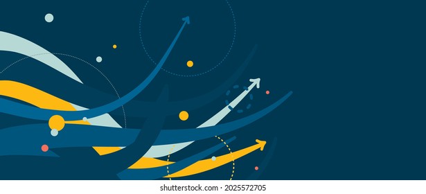 Abstract background for websites and banners in calm colours. Floating waves and arrows in blue colours. Dynamic blank composition with various elements for your presentation