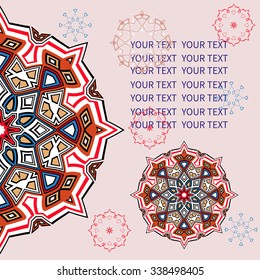 Abstract background, wedding invitation, beautiful luxury postcard, banner. Invitation card with ethnic traditional colorful  half round pattern, vector