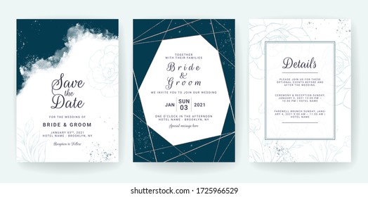 Abstract Background. Wedding invitation card template set with blue watercolor and floral decoration. Flowers background for save the date, greeting, poster, and cover design