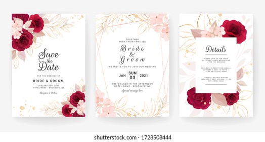 Abstract Background. Wedding invitation card template set with watercolor and floral decoration. Flowers illustration for save the date, greeting, poster, and cover design