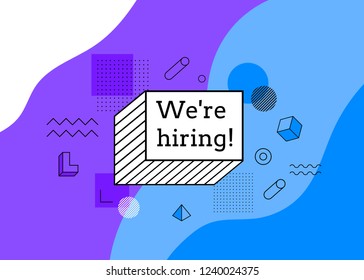 Abstract Background. We're Hiring, Join Us. Universal Trend Halftone Geometric Shapes Set Juxtaposed With Blue Elements Composition.