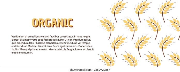 Fondo abstracto con patrón de orejas de trigo. Arroz, cebada, cereal amarillo y marrón. Cartel, plantilla de banner con espacio de copia para texto. Ilustración del vector