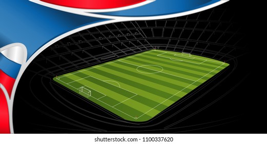 Abstract background of white, blue and red color with the drawing of a stadium with green soccer field on black in the background. Wide size. Vector image