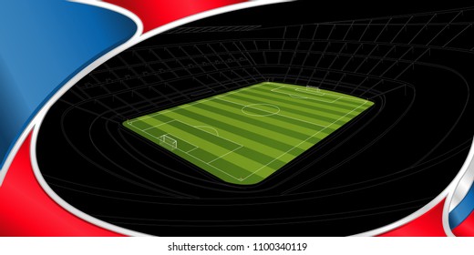 Abstract background of white, blue and red color with the drawing of a stadium with green soccer field on black in the background. Wide size. Vector image