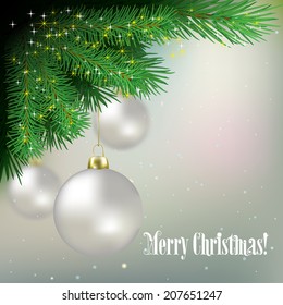 Abstract background with white Christmas decorations and pine branch