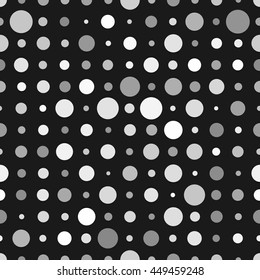 Abstract background with white circles random opacity isolated on black. Seamless polka dots pattern.