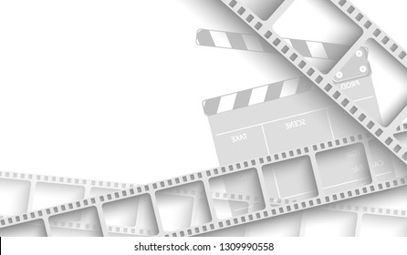 Abstract background with white film strip frame and clapper-board isolated on white background. Design template cinema with space for your text. Movie time concept. 3d style.Vector illustration EPS 10