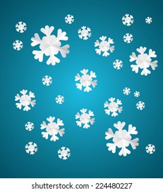Abstract background. White folded snowflake papers on blue. Vector illustration