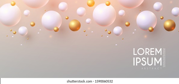 Abstract background with white and gold flying spheres.