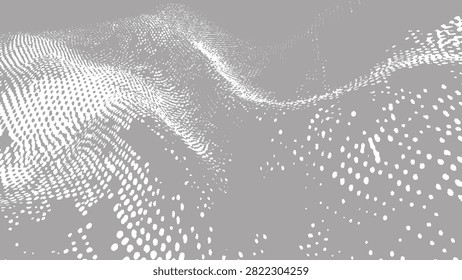 Abstract background, with white halftone, dot pattern forming, wavy, undulating terrain, shapes on a, solid light gray backdrop