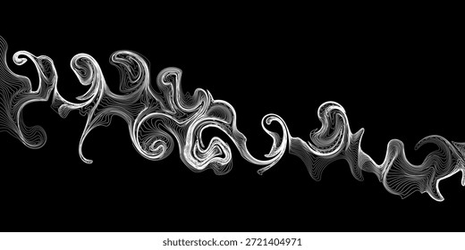 Fundo abstrato do padrão de espiral da linha de fusão branca isolado no fundo preto. Design para design gráfico vintage, fluxo de tinta artística e tema conceitual mistério.