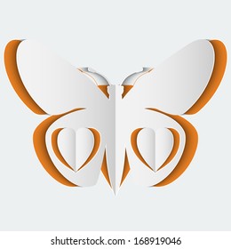 Abstract background with white paper butterfly and hearts. Vector illustration.