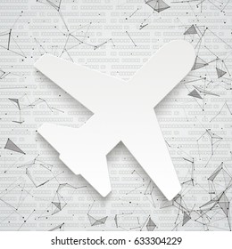 Abstract background with white paper jet, connected dots and data. Eps 10 vector file.