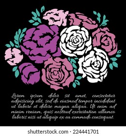 Abstract background with white, red and pink flowers. Vector illustration. Watercolor bouquet with peonies in vector on the black background.