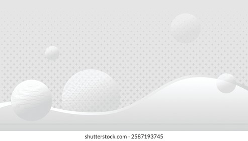 Abstract background of white spheres on a patterned gradient backdrop with wavy curves, creating a modern and minimalistic aesthetic ideal for various design, presentation, and technology themes.