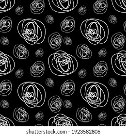 Fondo abstracto de las manchas blancas sobre un fondo negro. Golpes, líneas, puntos, formas. Patrón sin foco. Ilustración del vector