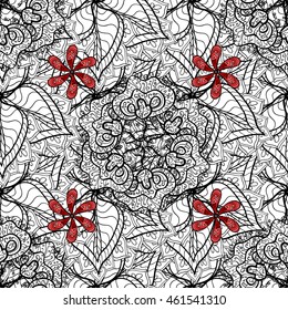 Abstract background with white stripe floral doodles and red flowers. Vector illustration.