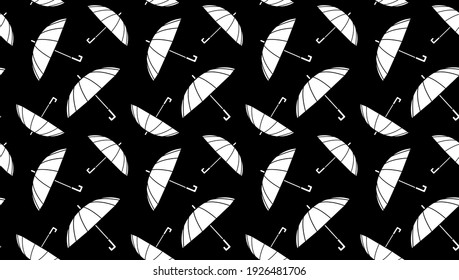 Abstract background white umbrellas on black, seamless pattern, texture for design, vector flat illustration. Cute and cozy autumn pattern. Autumn items. Minimalist stylish design of a print.