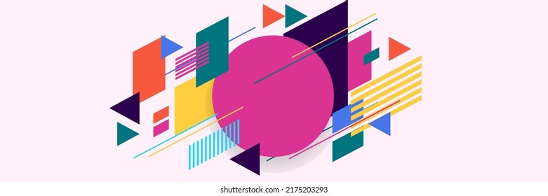 Abstract background in wide size with happy bright colorful memphis shapes decoration. Vector illustration for presentation design, web banner, social media cover and much more